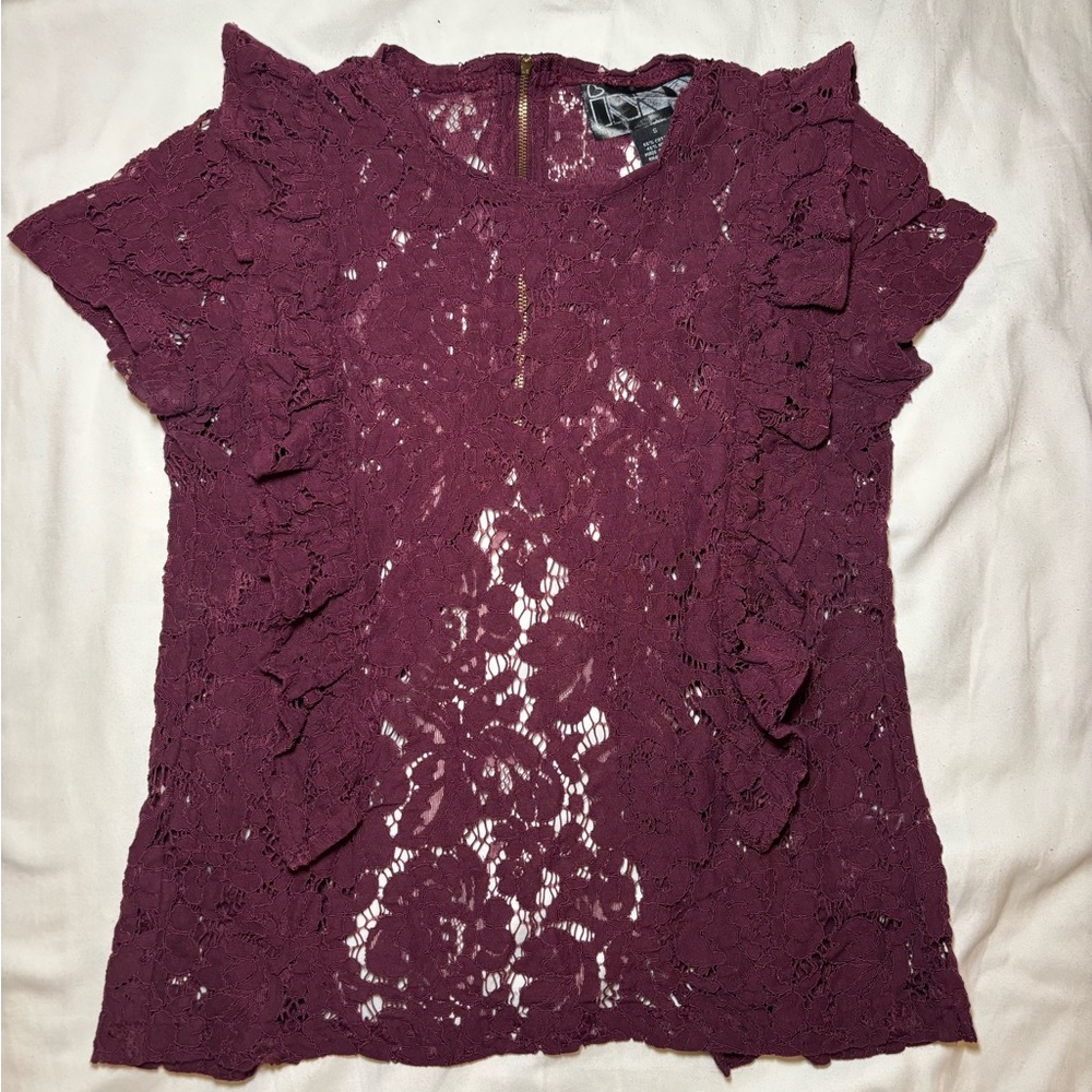 Y2K Babydoll Sheer Lace Top Burgundy, Sz Small, Dainty, Coquette, Ethereal, Lace